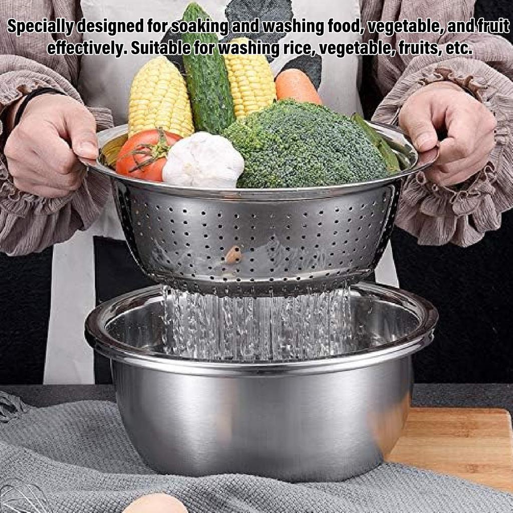 Multifunctional 201 Stainless Steel Grater Basin 3 In 1 Grater Strainer with Drain Basket Salad Maker Bowl