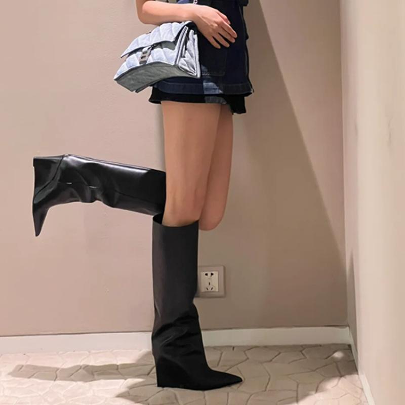 European and American pointed-toed wedge-heeled straight boots women's 2025 autumn new leather boots slim tall knight boots long boots