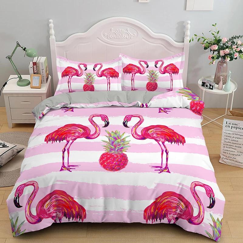 3D Flamingo Printed Beding Set King Quen Sized Dimensions Carton Pink Animals Soft Duvet Cover Featuring Pilowcases 2/3pcs Polyester Comfortable Quilt
