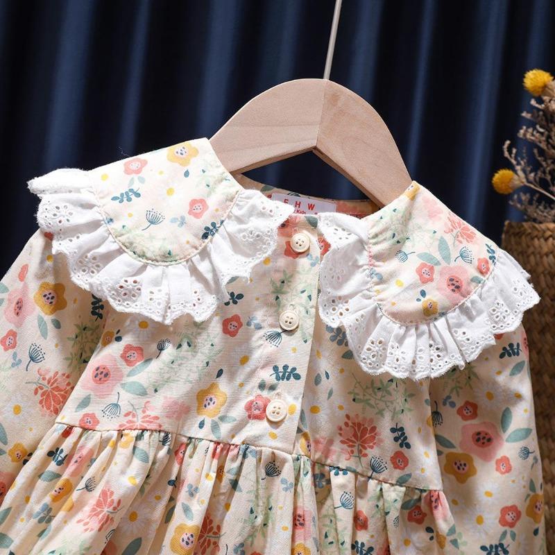 Sukienka dla dzieci Princess. Dziewczęca sukienka z długim rękawem i kołnierzykiem polo w kwiaty