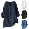 Plus Size Women Solid Color V Neck Long Sleeve Shirt Loose Linen Blouse Top