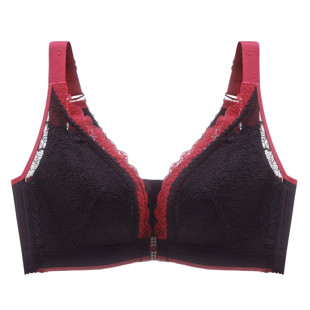 Sexy Lace-trimmed Front and Back Buckle Bra with Breathable Cups Plus Size Side Breasts Beautiful Back and Push-up No-rim Bra
