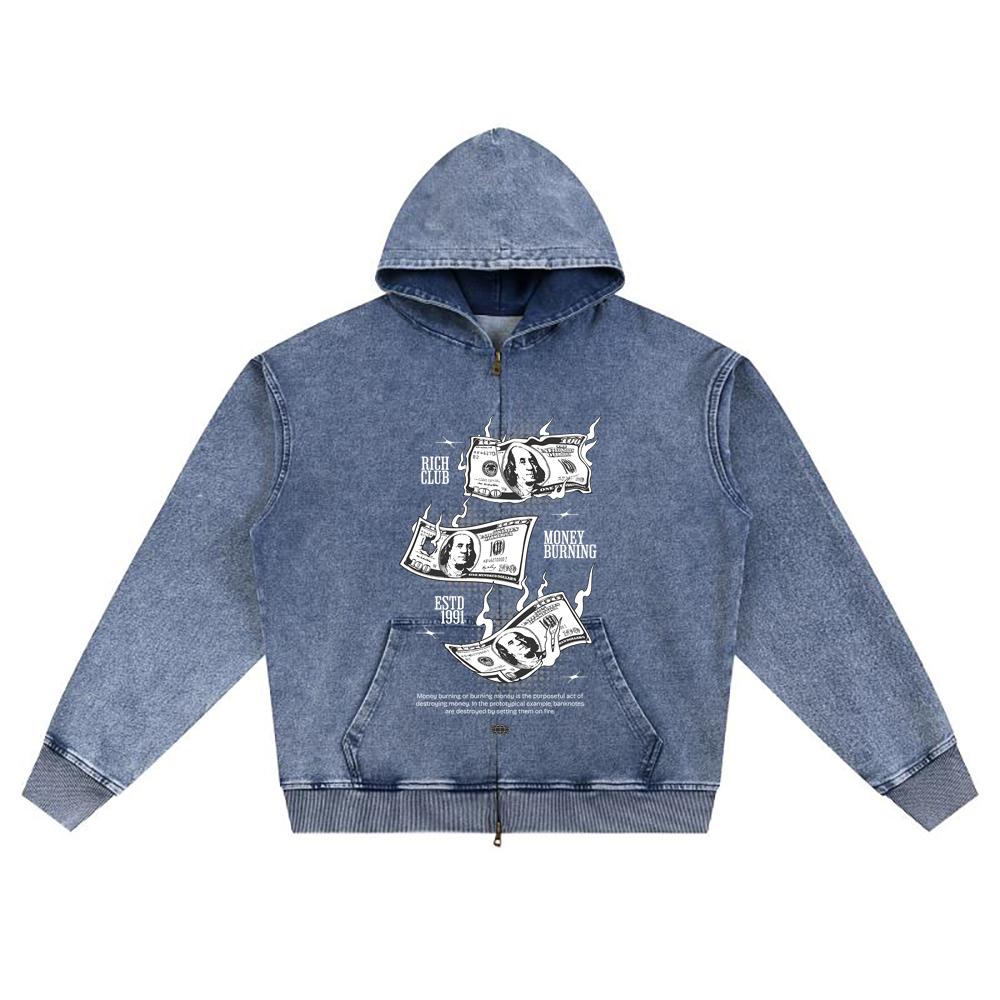 DTG print Knitted Denim Zip-Up Hoodie Money Burning Brother Print Zipper Hoodies  