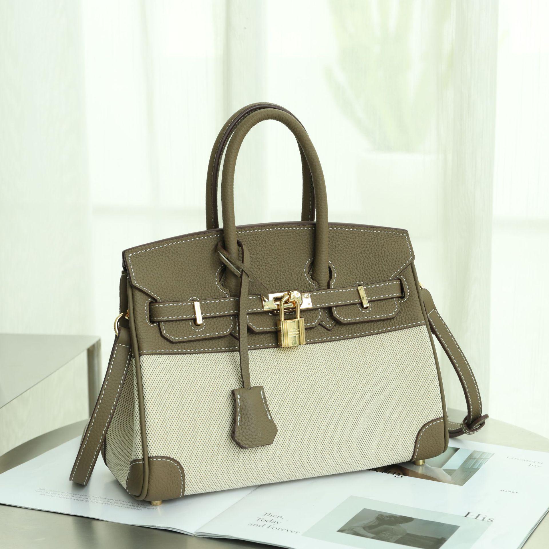 

Женская сумка через плечо из высококачественного холста и натуральной кожи — большая вместимость, повседневная строчка, контрастный цвет, стиль почтальона 25cm x 13cm x 20cm