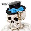 Gothic Wedding Couple Figurines Skull Pumpkin Statue, Halloween Bride Groom Figurine, Pink Retro Style Statues Bow on Ornament for Desktop Mantel