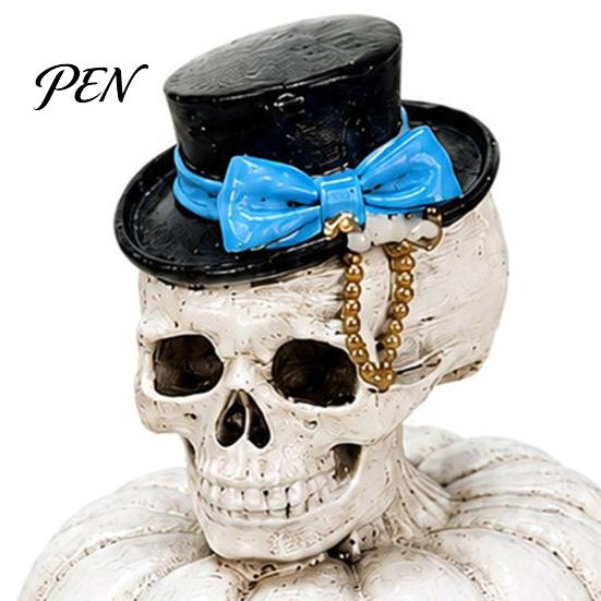 Gothic Wedding Couple Figurines Skull Pumpkin Statue, Halloween Bride Groom Figurine, Pink Retro Style Statues Bow on Ornament for Desktop Mantel