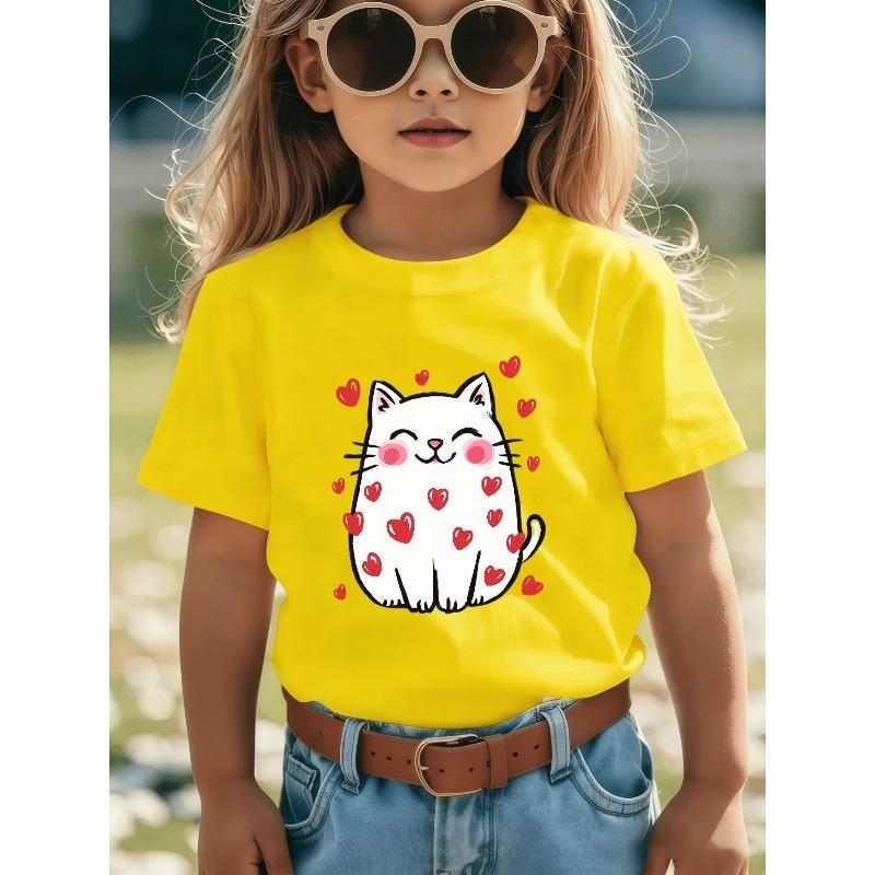 European sizes Cute Round White Kitten T-Shirt for Girls and Boys, Joyful Cartoon Design, Heart Hugging Pattern, Casual Crew Neck, Short Sleeve