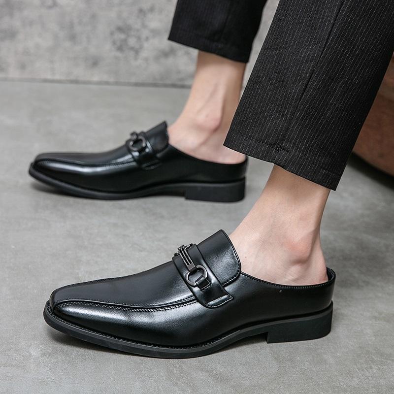 Fashion New Designer Men's Patent Leather Half Formal Shoes For Men Mules Sandals Casual Shoes Slides Black Loafers Slippers