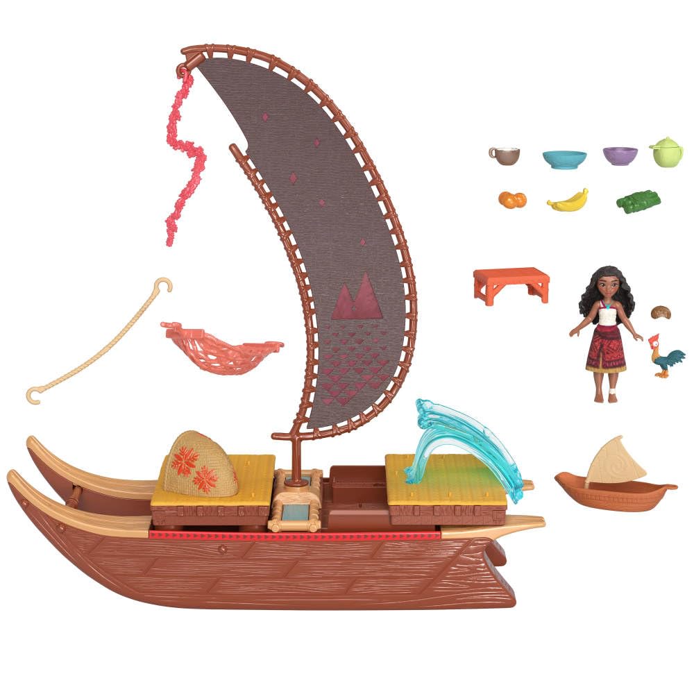 Mattel Disney Moana 2 Toy Playset with Floating Adventure Small 1 Character 6 Play and 10 Accessories Canoe, Doll, Friend, Areas,