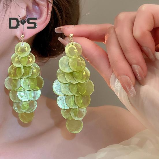 1 Pair Long Style Multi-Layer Drop Earrings Translucent Metal Needle Design Artificial Crystal Shell Tassel Earrings