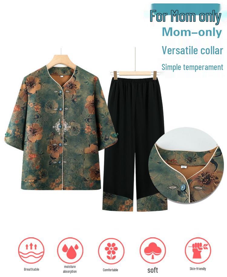 Plus Size Women's Mid-Sleeve Tang Suit Top & Pants Set - Stylish Spring/Autumn Chinese Style for Mom