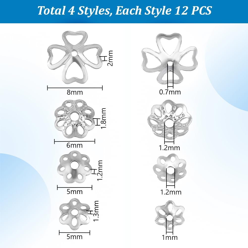 PH PandaHall 48pcs 925 Sterling Silver Bead Caps, 4 Styles Flower Bead End Caps Multi-Petal Spacer Beads Caps Filigree End Charm Caps Bails for DIY
