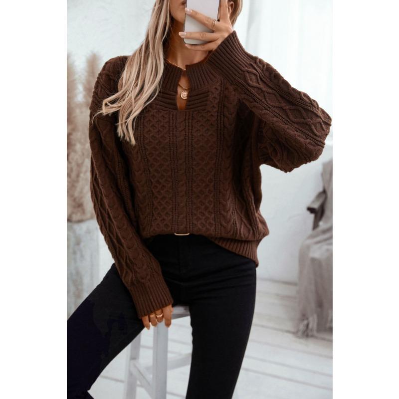 Solid Color Cable Knit V Neck Loose Long Sleeve Pullover Sweater For Women