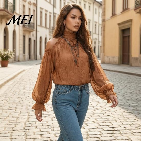 Skin Friendly Shirts Women Fall Cold Shoulder Shirt, Vintage Ethnic Print High Collar Blouse, Casual Ruffle Lantern Sleeve Top Ladies