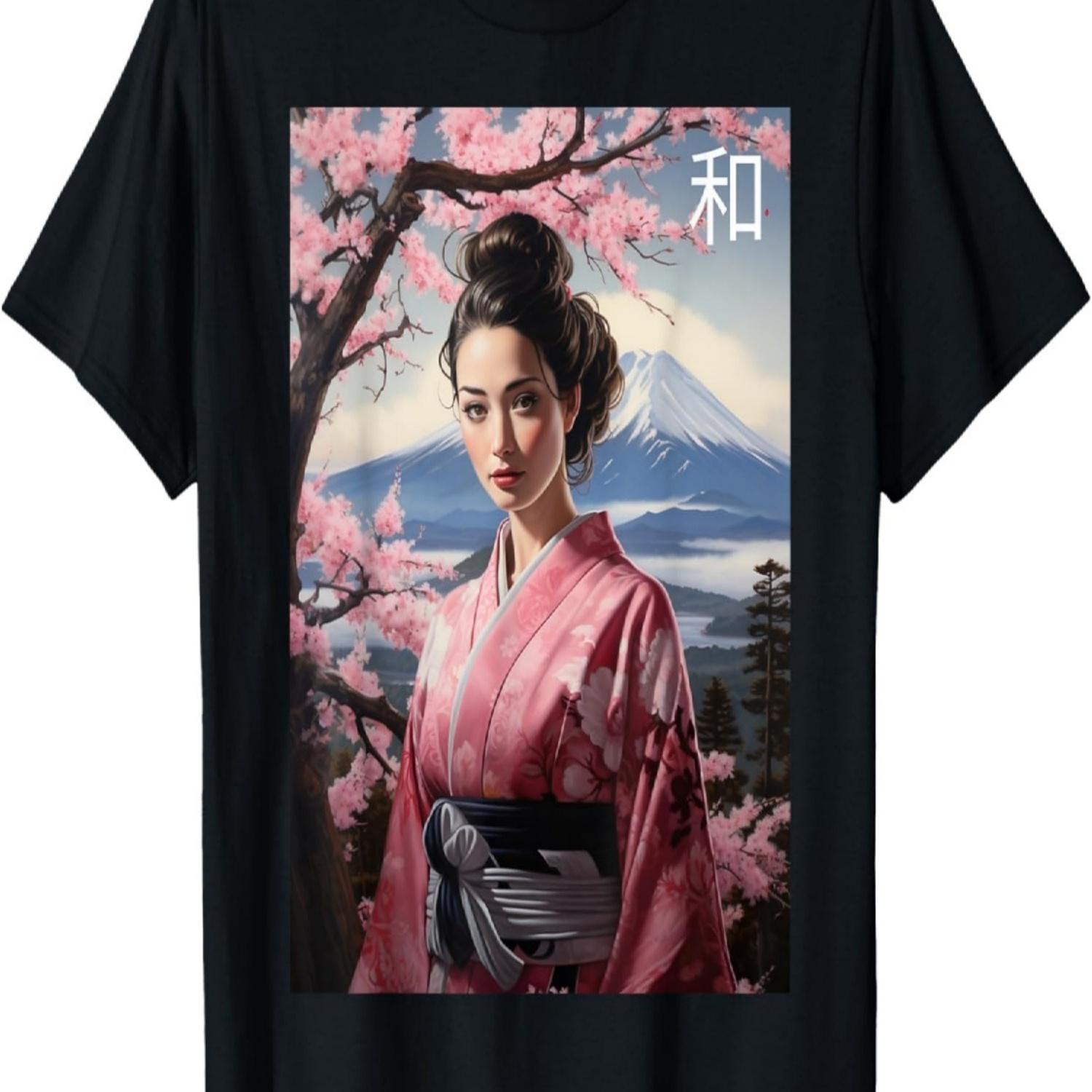 Garden Mount Fuji Cherry Blossoms Geisha Woodblock T-Shirt S чёрный
