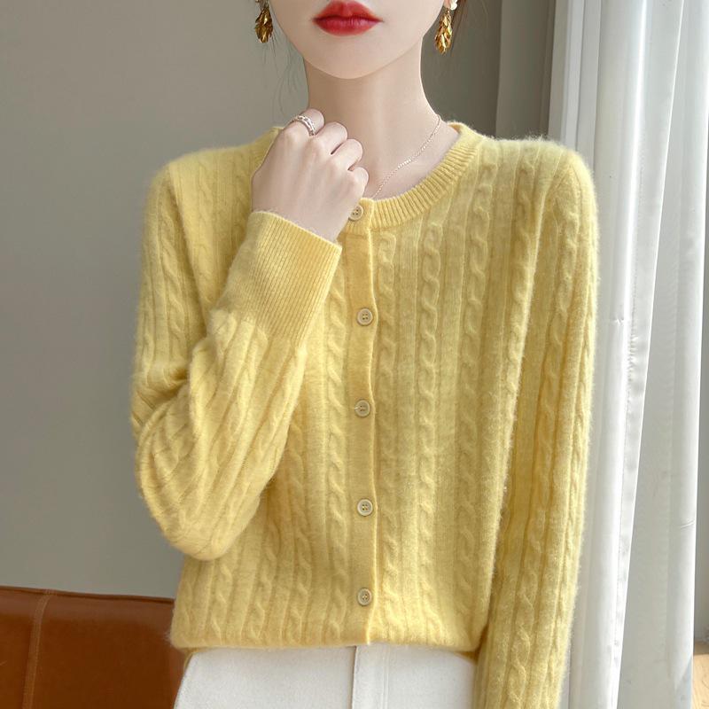 White Cable Knit Cardigan Coat - Women's Korean Slim Fit, Autumn Long Sleeve Sweater
