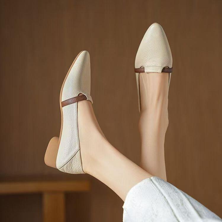 

Женские туфли-лодочки 2025 весна новая универсальная толстый каблук мягкая кожа мягкая подошва не устает нога педаль острый носок работа маленькие кожаные туфли 40