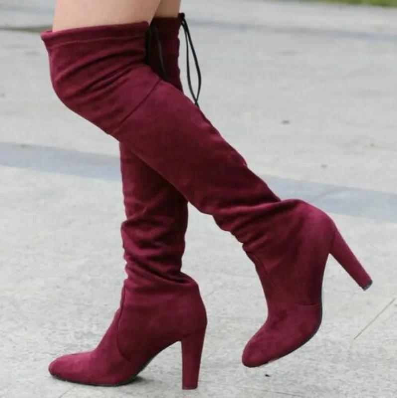 Fashion Brand Thigh High Botines Mujer Plush Fur Shoes Winter Stovepipe Stretch Over Knee Long Boots Women Lace-up Velvet Knight Bottes