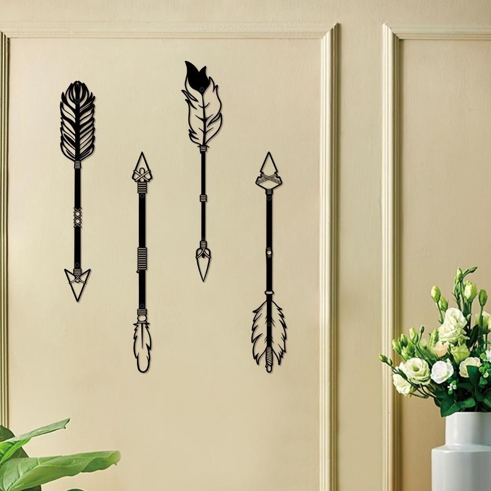 Black Metal Feather Arrows Wall Art Set Rustic Hollowed Sculpture Decor for Home Office Independence Day