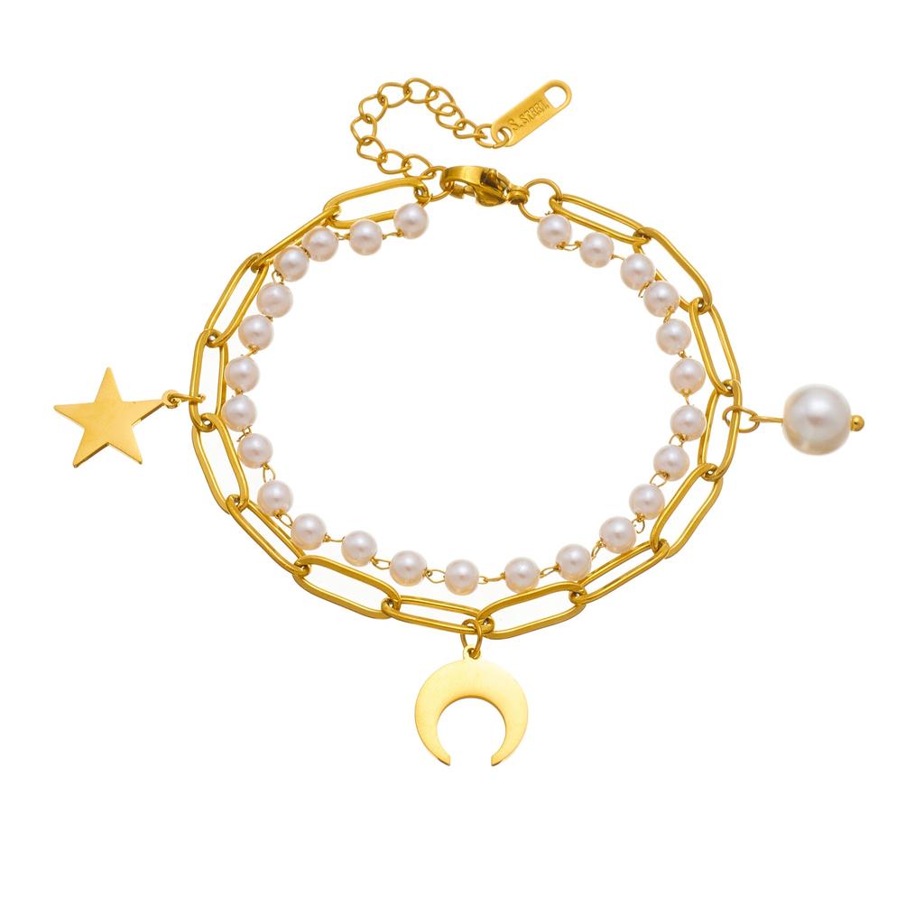 316L Stainless Steel Elegant Romantic Double Layer Star Moon Pearl Bracelet For Women Fashion New Jewelry Party Gift