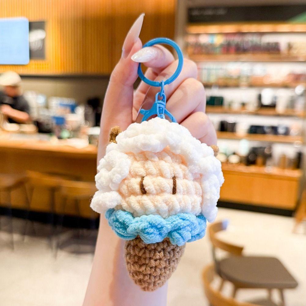 Soft Crochet Sheep Ice Cream Keychain Cute Knitted Lamb Bag Charm Hanging Decoration