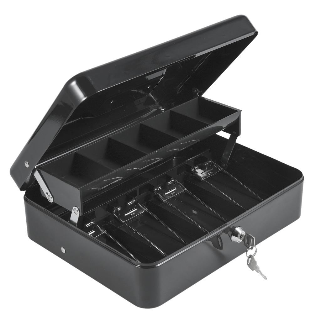 Cash Box Metal Money Box with 5 Coin Trays Cantilever Design & 4 Bill Slot with Spring Clips To Organize and 2 Keys
