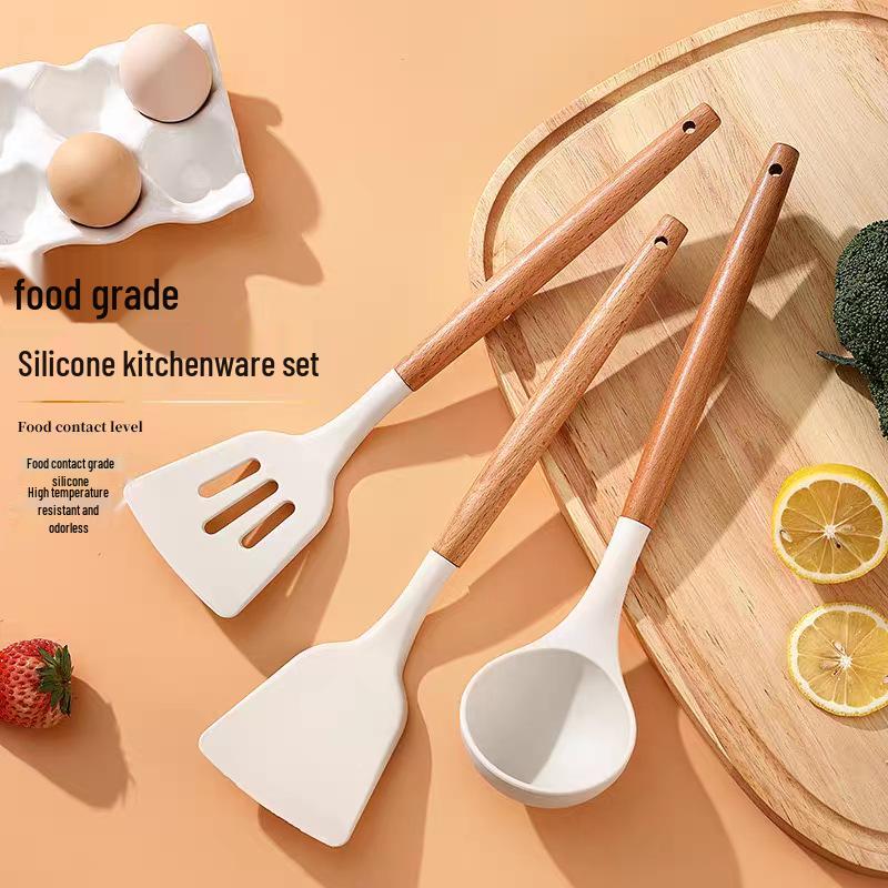 Silicone Spatula & Ladle Set with White Wood Handles - Non-stick Kitchenware for Stir-fry & Baby Food