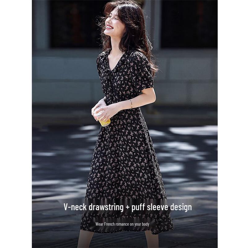 French Romantic Floral V-Neck A-Line Midi Dress