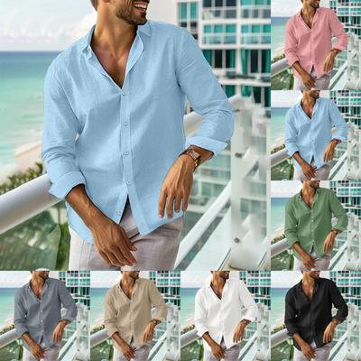 Designer Spring Summer Men's Casual Cotton Linen Solid Color Long Sleeve Shirts Loose Stand Collar Shirts