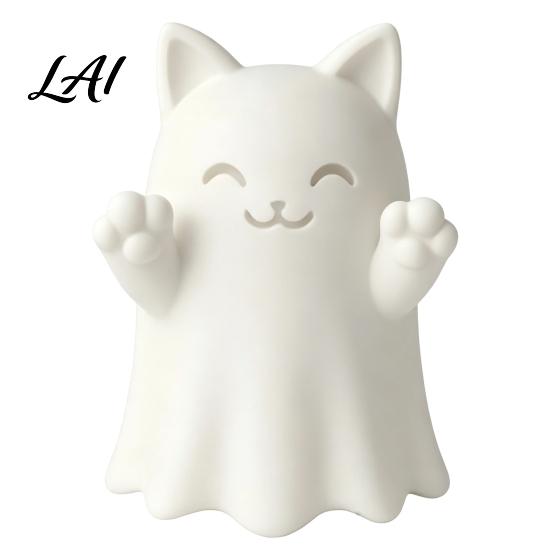 Collectible Art Figures 3D Printed Cute Ghost Cat Figurine Wink Smile Surprise Spooky Halloween Decor Lover Gifts Blank White DIY Paintable Statue,