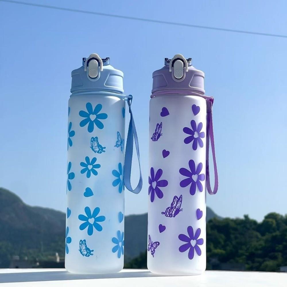 Durable 800ML Water Bottle Bow Flower Printed Leak Proof Straw Cup Large Capacity Plastic Water Cup Travel