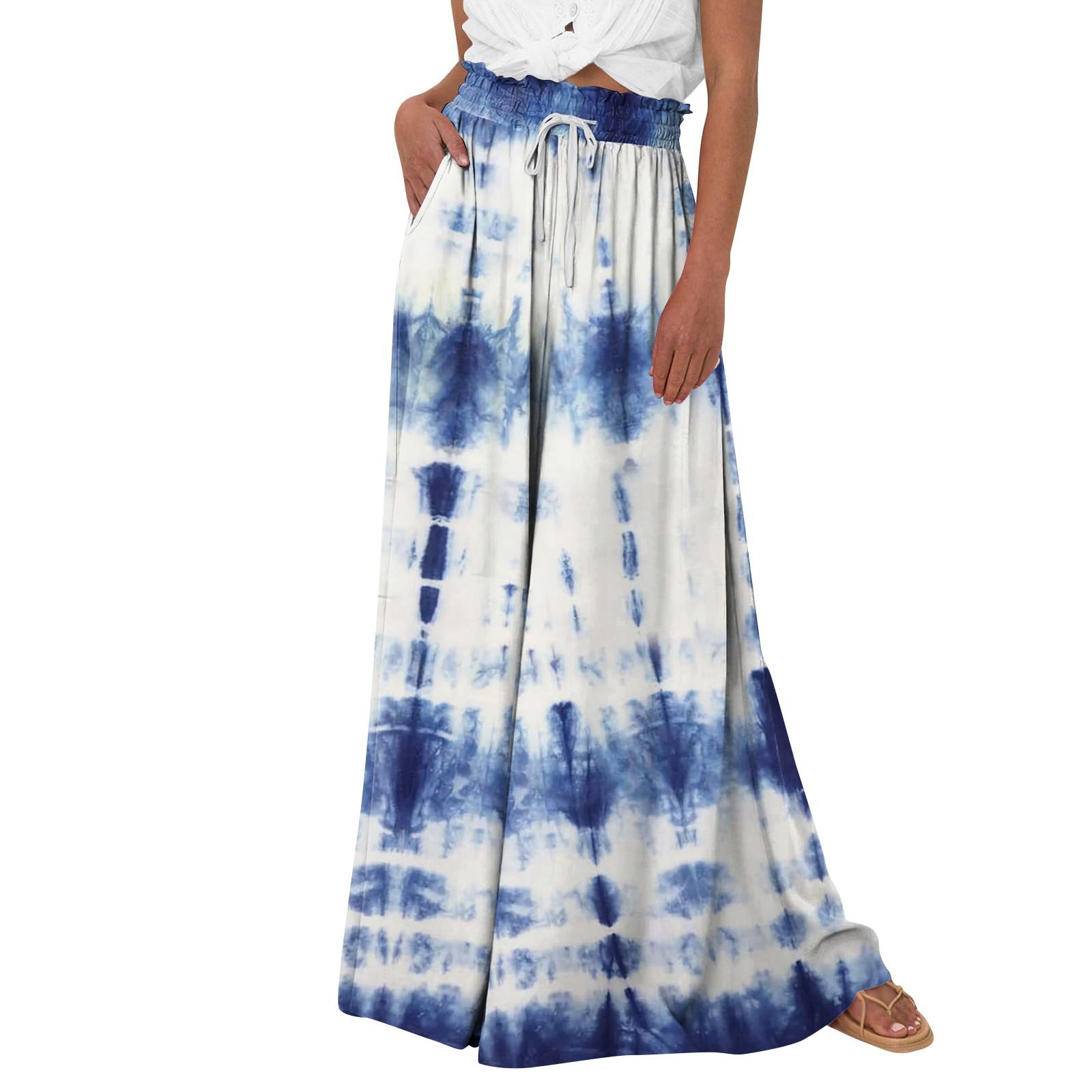 

Женские брюки с принтом и широкими штанинами, с карманами, с высокой талией, на кулиске, свободные, повседневные L синий