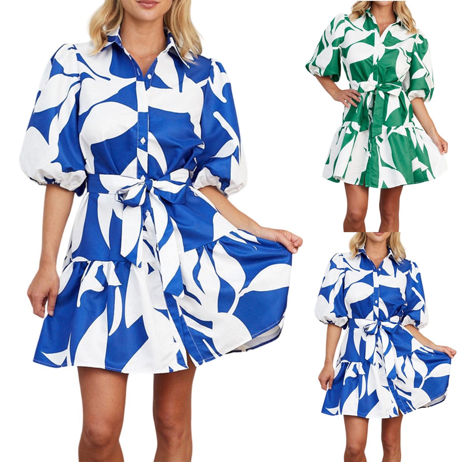 

Women s Fashionable And Fresh Printed Temperament Belt Vacation Dress M синій