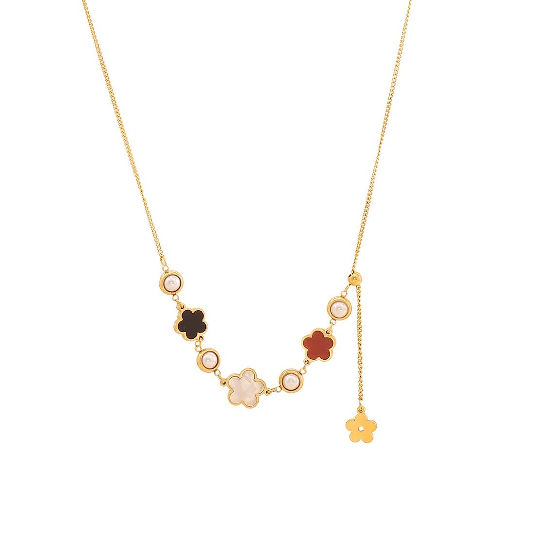 Adjustable Zircon Flower Necklace, Pearl Butterfly Stainless Steel Neck Jewelry, New Arrival