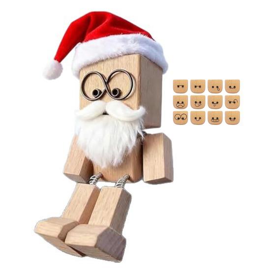 1 Set Christmas Shaking Wooden Man Wood Block Man Figurine with Shaking Legs 12 Magnetic Expressions Handmade Funny Santa Figurine