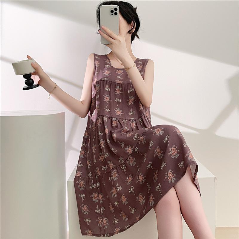 Women's Cotton and Silk Nightgown Summer Thin Internet Celebrity Large Size Printed Pajamas New Sleeveless Loungewear