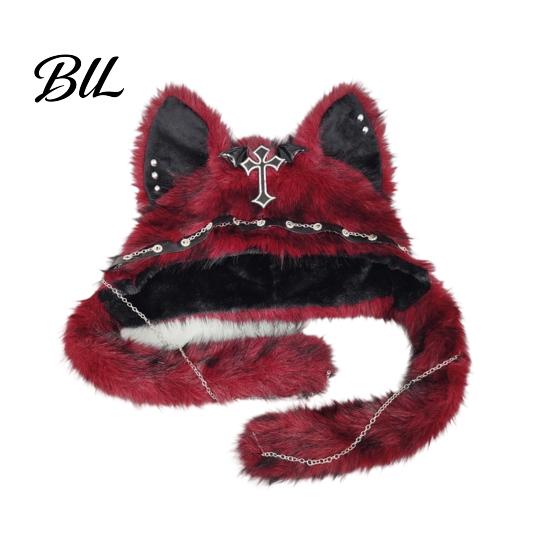 Accessoires de Cosplay Uniques Chapeau Animal en Peluche Mignon, Couvre-chef Oreilles de Chat Poilues, Chapeau Chaud d'Hiver Casquette Douce pour Costume de Fête d'Halloween, Couvre-chef