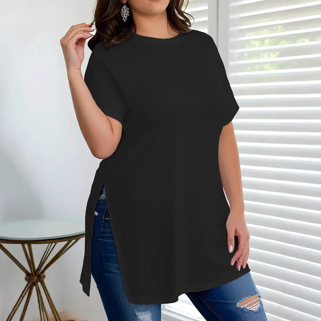 Damtopp för vår och sommar, Damlös i plusstorlek, Slits, Rundhalsad T-shirt
