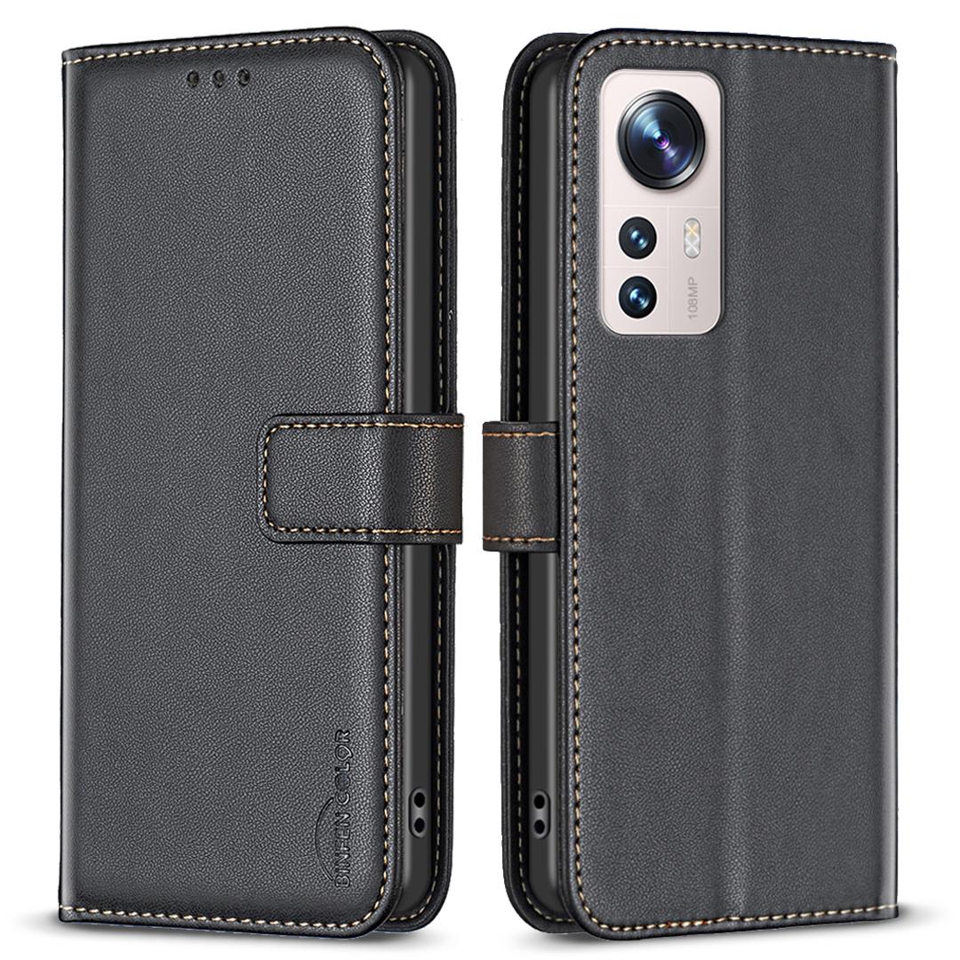 

BINFEN COLOR BF17 Leather Phone Cover for Xiaomi 12 Lite 5G Anti-drop Wallet Stand Case Black