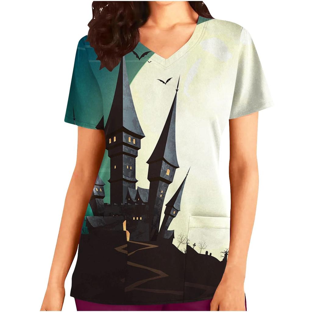 Halloween Womens Nursing Scrub Tops Working Uniform Summer Short Sleeve V Neck Pocket Workwear Blouse T-shirt Loose Nursing Scru