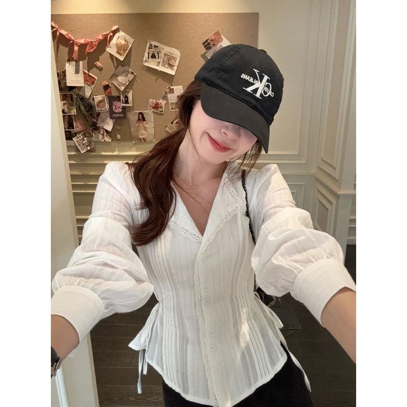 High-end Heavy-duty Pleated White Long-sleeved Shirt for Women in Autumn Waist Slimming Niche Versatile Tops