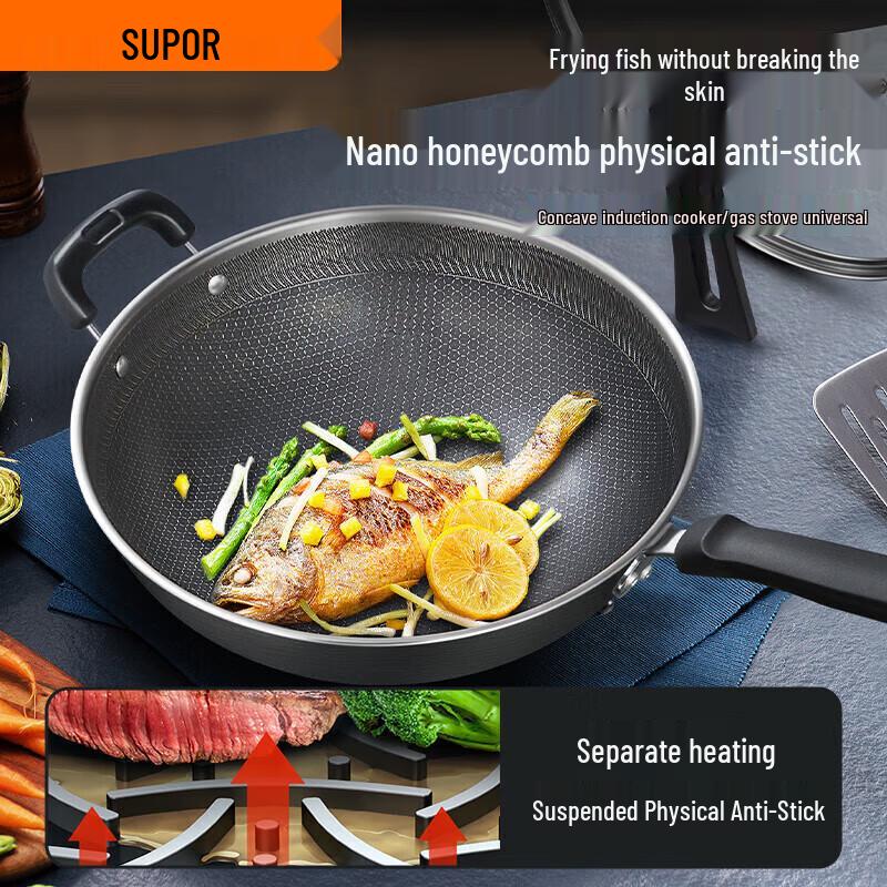 Supor 30cm Wabenboden Flachboden 304 Edelstahl Wok