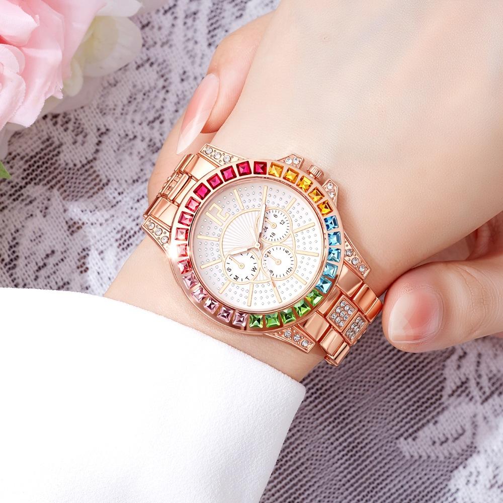 Watch Women'S Fashion Large Dial Colored Diamond Decoration Three-Eye Decoration Women'S Watch