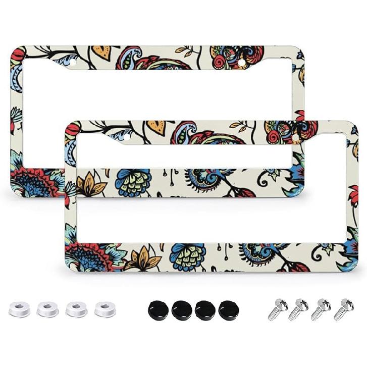 Tropical Palm Leaves License Plate Frames - 2 Pcs Set 2 Holes Metal Aluminum Auto Car Accessories Decoration License Plate Frame 6.3" X 12.2" Fit US