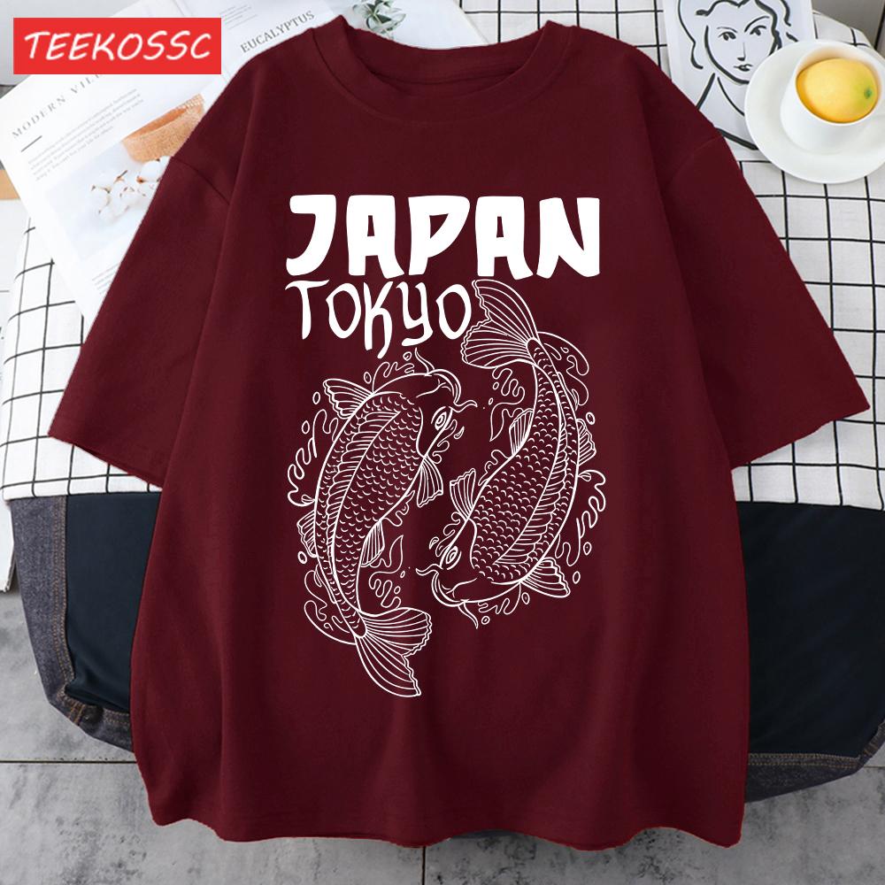 Japan Tokyo Harajuku Koi Print T Shirts Men Summer Cotton TShirt Hip Hop Loose Streetwear Unisex AllMatch Casual Clothing