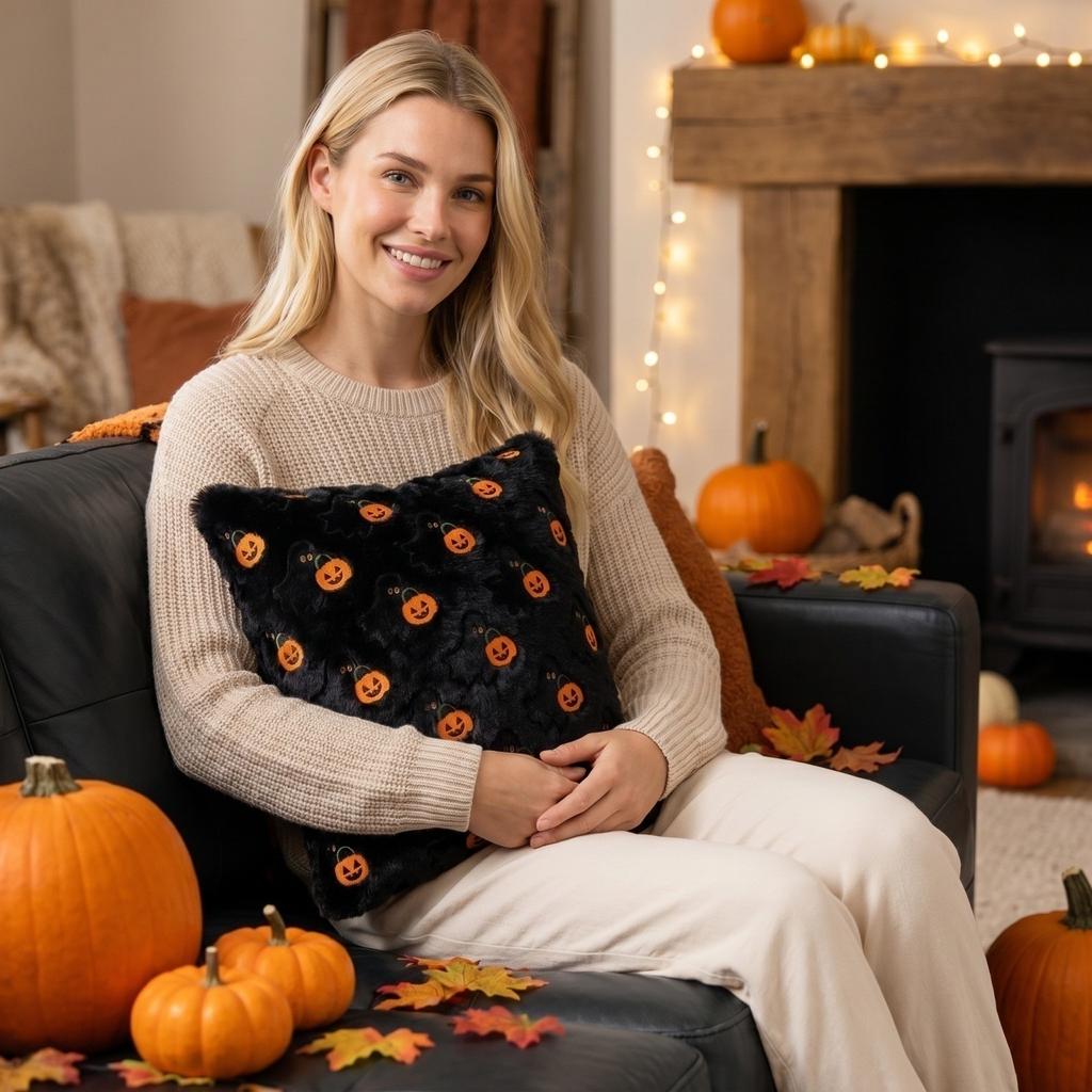 Halloween Plush Pillow Cover 45cm Square Decorative Cushion Case Soft Fabric Ghost and Pumpkin Pattern for Home Sofa Bedroom