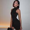 Ladies New Style Temperament Pure Desire Slim High Collar Solid Color Pleated Hip Dress Female