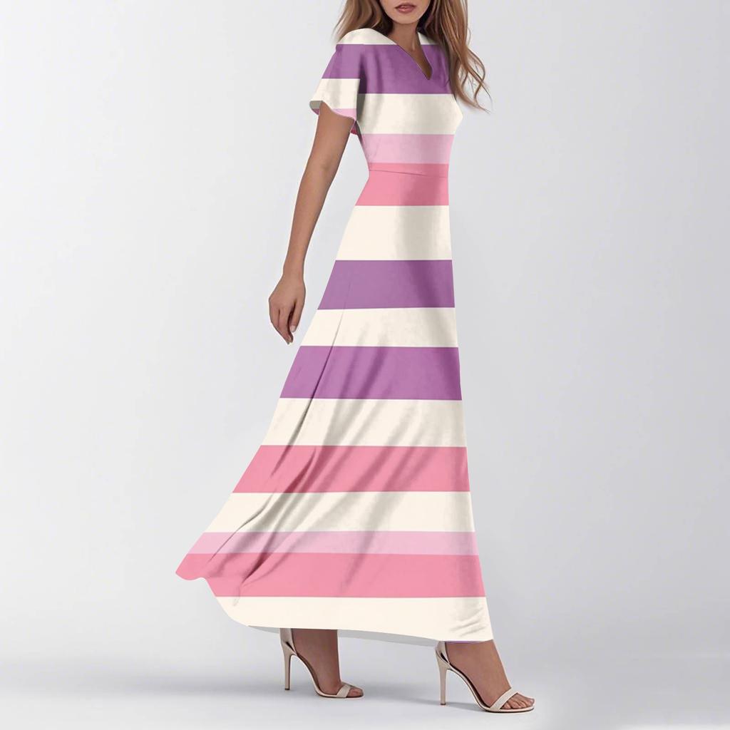 Women's Dresses Summer Casual V-neck Striped Print Short Sleeve Wear To Work Dresses