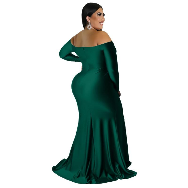 Plus Size Burgundy Off Shoulder Long Sleeve Ruched Split Mermaid Maxi Dress
