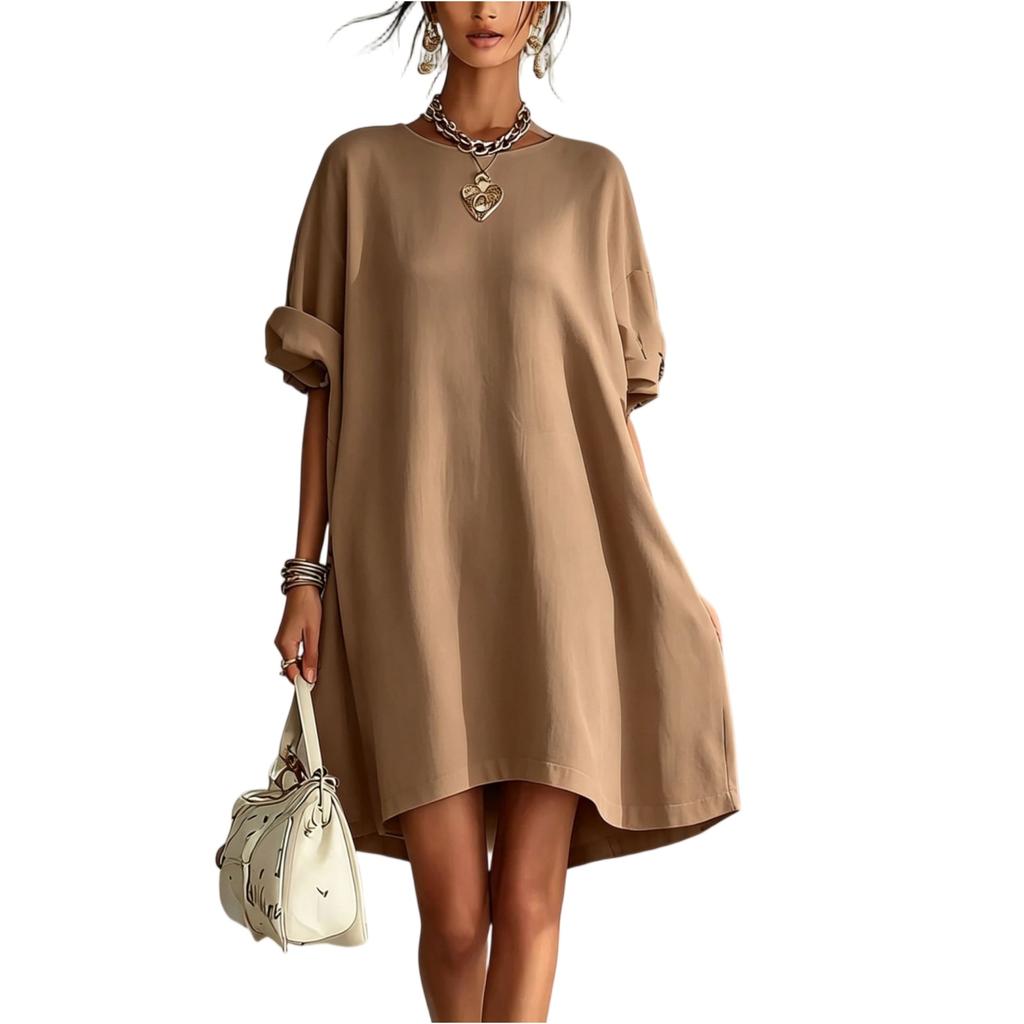 Women’s Loose Fit Casual Solid Crew Neck Dress Relaxed Short Sleeve Style Comfortable Wear